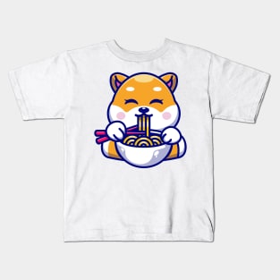 Cute shiba inu dog eating ramen with chopstick cartoon Kids T-Shirt